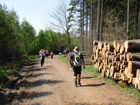 Eine Gruppe mit ganz jungen Wanderern kommt entgegen