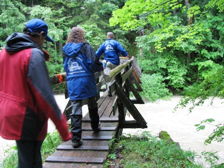 Die Wanderfreunde überqueren den Grimmingbach über einen Steg